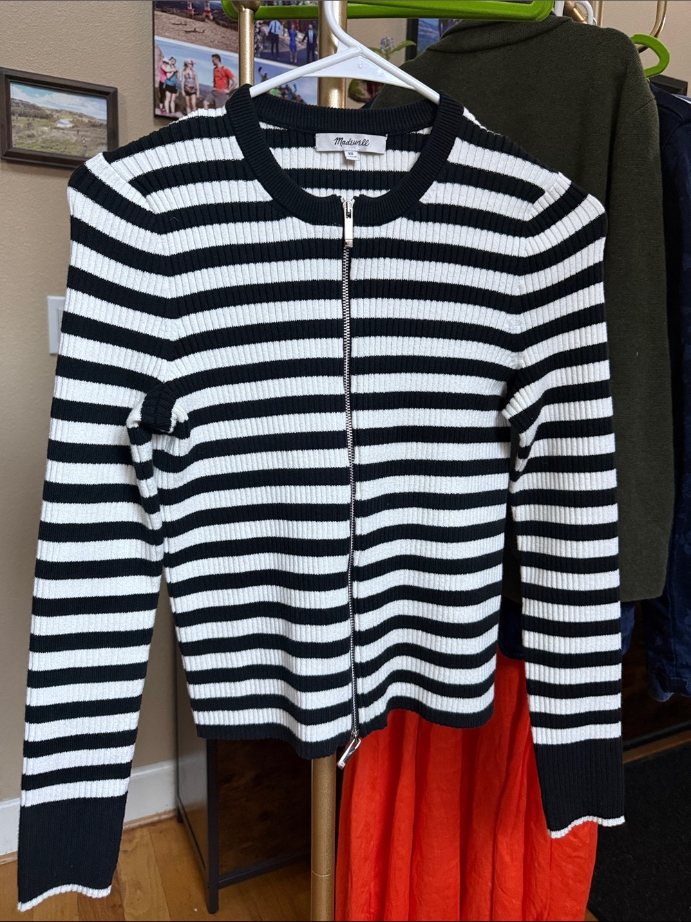 Madewell Black & White Striped Zip-Front Crewneck Sweater
